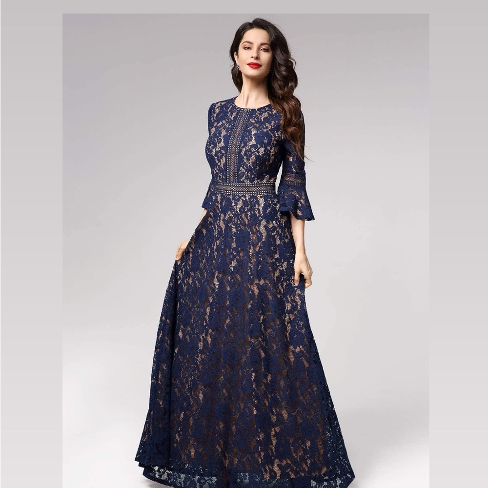 Elegant Navy Lace Miss May Special Occasion Maxi Dress Gown Wedding Mother